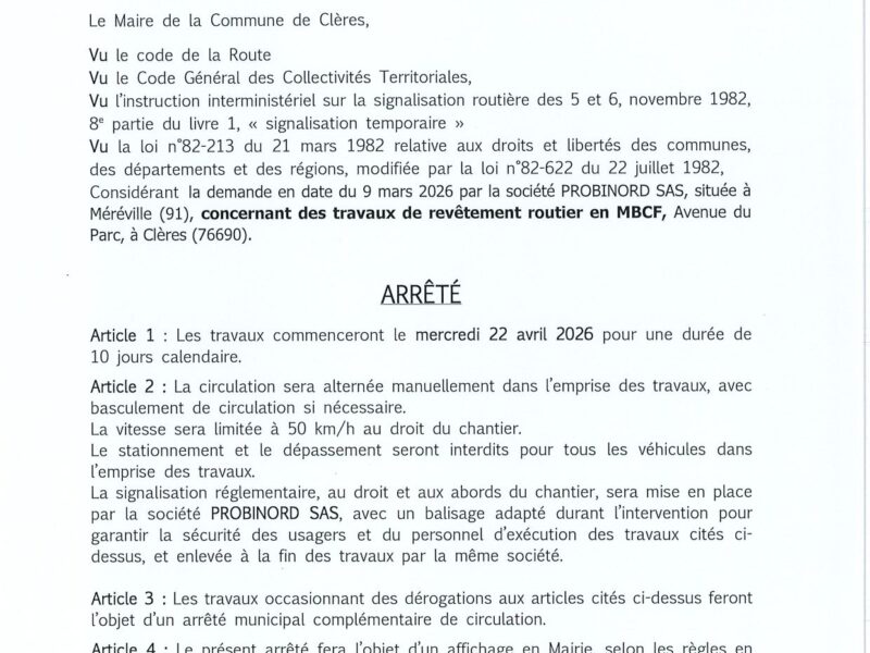 Arrêté Municipal de Circulation - Avenue du parc, Clères - A partir du  mercredi 22 avril 2026